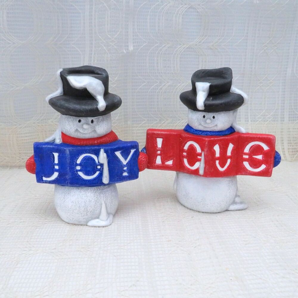 Handmade Ceramic Snowmen With Joy and Love Signs for Winter Christmas Decor